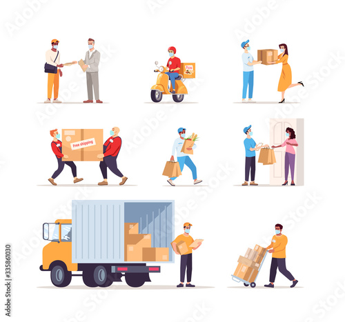 Delivery service in covid19 outbreak flat vector illustrations set. Customers and couriers in surgical masks isolated cartoon characters kit. People on quarantine using shipping services