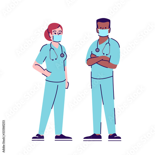Medical workers in coronavirus outbreak flat isolated vector illustration. Male and female nurses in surgical masks 2D cartoon character with outline on white background. Hospital staff in uniform