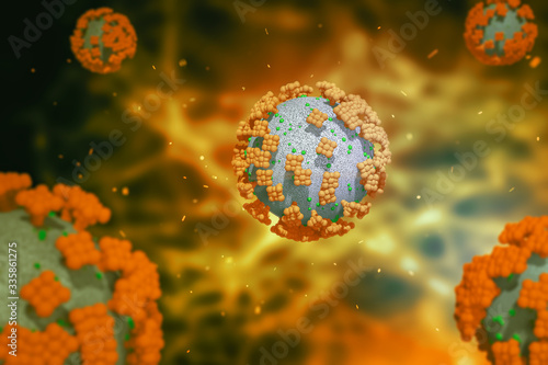 Coronavirus 2019-nCoV 3D rendering model. Microscopic view of a infectious virus.