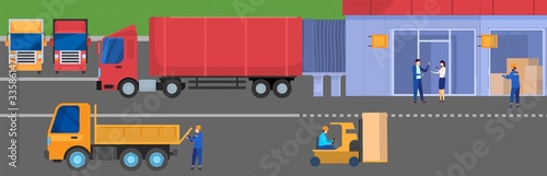 Truck delivery logistic to warehouse storage facility, people work in cargo industry, vector illustration. Transportation network, warehouse manager, employees in uniform. International shipping truck