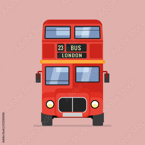 London double decker red bus cartoon illustration, English UK british tour front isolated flat bus icon