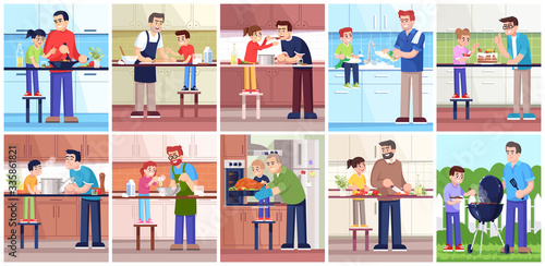 Cooking fathers and children, people in kitchen and outside flat vector illustrations set. Dads and kids preparing food together, family members 2D cartoon characters for commercial use lit