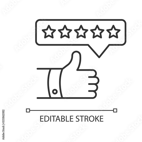 Product review pixel perfect linear icon. Thumbs up. Five star film. Excellent quality. Thin line customizable illustration. Contour symbol. Vector isolated outline drawing. Editable stroke