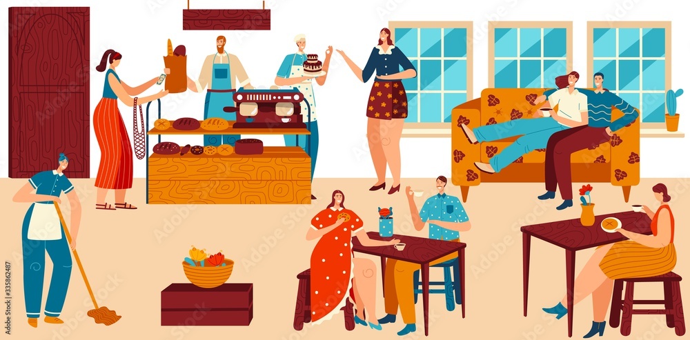 People in cozy cafe, bakery with fresh bread and coffee, pastry shop service, vector illustration. Comfortable patisserie, friends and couples drink coffee in bakehouse. Bakery cafe visitors and staff - obrazy, fototapety, plakaty 