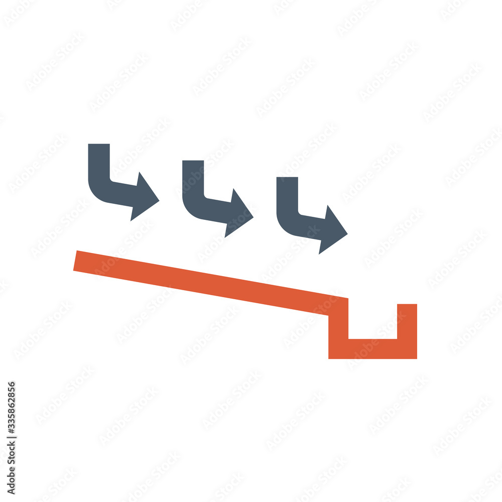 Rain gutter vector icon. Also called eavestrough, eaves-shoot or surface water collection channel. Include arrow of roof slope direction for rainwater discharge and drainage system of home or building Rain gutter vector icon. Also called eavestrough, eaves-shoot or surface water collection channel. Include arrow of roof slope direction for rainwater discharge and drainage system of home or building