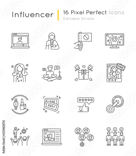 Social media promotion pixel perfect linear icons set. Barter of products. Native integration. Customizable thin line contour symbols. Isolated vector outline illustrations. Editable stroke