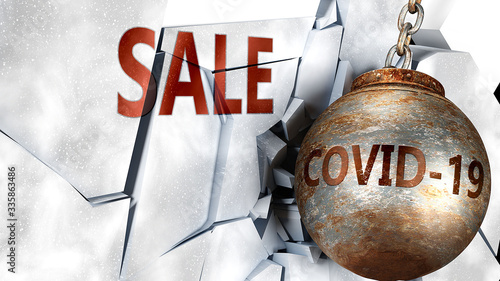 Obraz na plátně Covid and sale,  symbolized by the coronavirus virus destroying word sale to pic