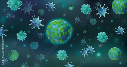 Coronavirus disease. Infection flu, pneumonia Danger that cause harm to a living organism. Pandemic virus. Deadly virus COVID-19.Viruses under the microscope. Epidemic flu. Vector illustration.
