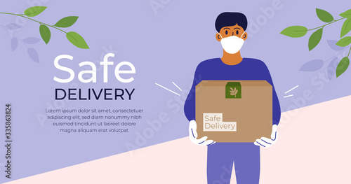 Safe delivery concept. Stay home and order food or goods by courier service. Man in medical protective mask and gloves holding box with products. Isolation, coronavirus quarantine. Vector illustration