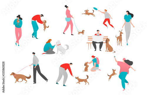 People pet dog owner vector illustration. Cartoon flat happy woman man character play together and hug, walk with own funny puppy animal on leash. Active dog training, human care isolated on white