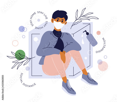 Coronavirus pandemic quarantine. Abstract collage with fashionable guy in protective face mask. Man sits in box or cage. Stay home concept, social distance, use sanitizer. Magazine vector illustration