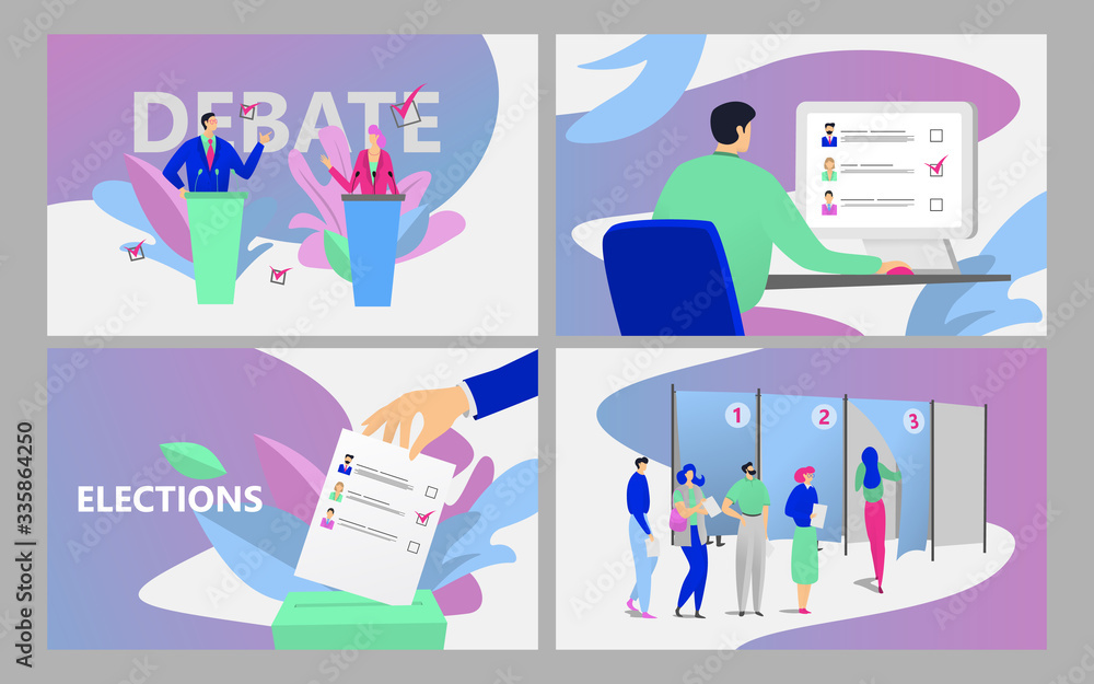 People vote vector illustration. Cartoon flat woman man voter characters group, hand putting papper vote into ballot box, debating candidate, online voting, democracy election concept landing page set