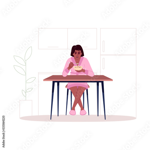 African american woman eating breakfast semi flat RGB color vector illustration. Dark skin girl enjoying oatmeal, cereals, muesli with milk isolated cartoon character on white background