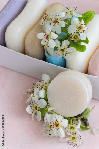 Handmade soaps with wild flowers extract. Hygiene, artisanal products 