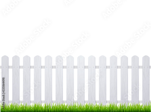 White fence with grass. Wooden picket background isolated farm garden barier illustration