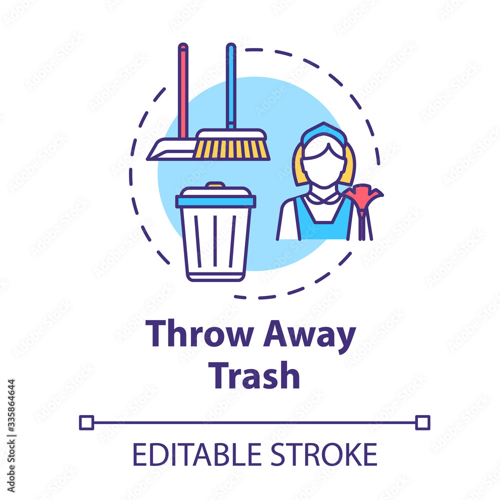 Throw away trash concept icon. Housework and cleanliness. Cleaning house. Put garbage in bin. Housekeeping work idea thin line illustration. Vector isolated outline RGB color drawing. Editable stroke Throw away trash concept icon. Housework and cleanliness. Cleaning house. Put garbage in bin. Housekeeping work idea thin line illustration. Vector isolated outline RGB color drawing. Editable stroke