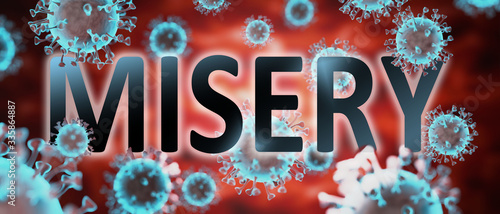 covid and misery, pictured by word misery and viruses to symbolize that misery is related to corona pandemic and that epidemic affects misery a lot, 3d illustration