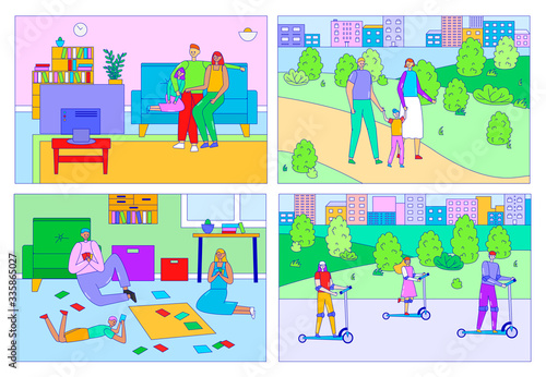 Happy family spend time together, people leisure at home and outdoor, parents and children cartoon characters, vector illustration. Set in simple flat line style. Mother, father and kid hobby leisure