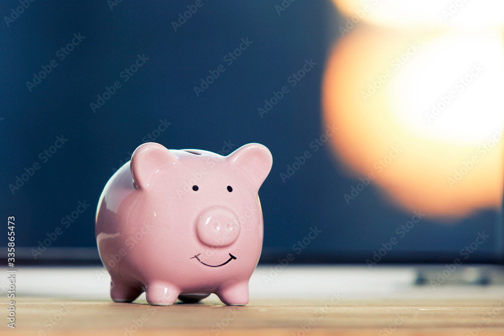 Fototapeta premium Pig piggy bank on books, sunset