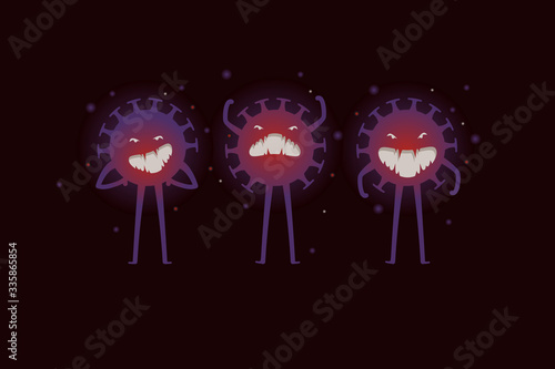 Illustration. Cartoon monster, coronavirus, threats, fists, devil. The virus works, evil, scary