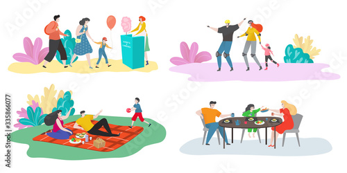 Family time vector illustration set. Cartoon flat happy family characters spend time together, father mother and child on outdoor picnic or dinner at home, active parents with kid in sport activity