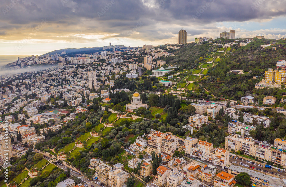 Bahai gardens in Haifa panoramic aerial