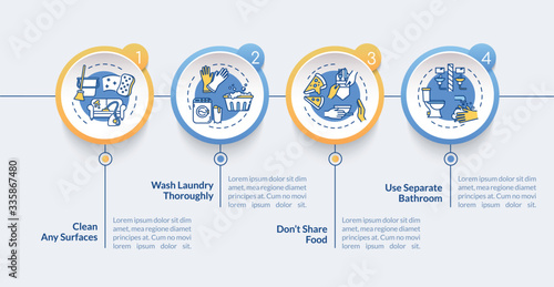 Quarantine household tips vector infographic template. Chores and hygiene presentation design elements. Data visualization with 4 steps. Process timeline chart. Workflow layout with linear icons