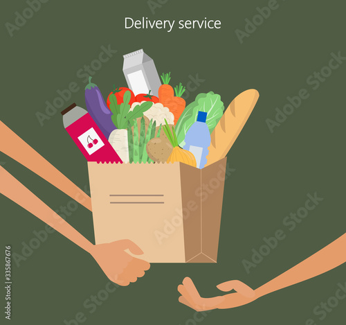 Grocery delivery service concept with paper bag full of food.