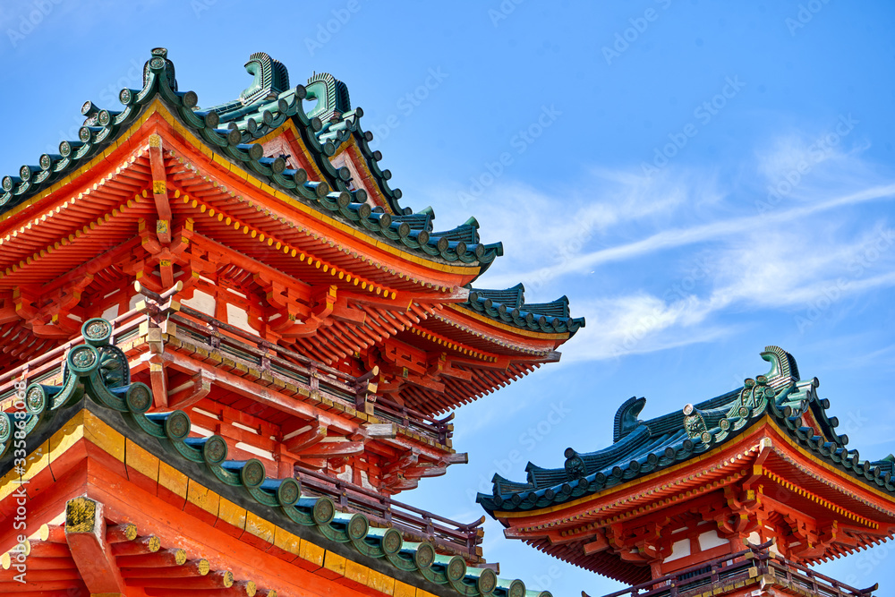 Orange temple with decorated towers Orange temple with decorated towers