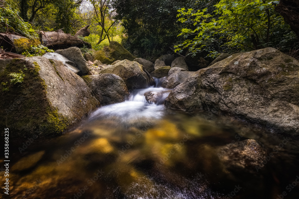 Mountain stream and boulders in Corsican forest Mountain stream and boulders in Corsican forest