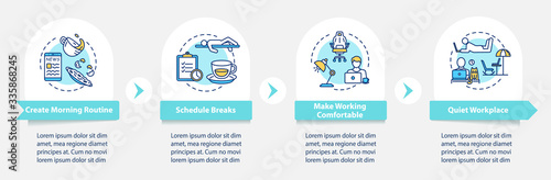 Home office, remote work tips vector infographic template. Schedule, workplace presentation design elements. Data visualization with 4 steps. Process timeline chart. Workflow layout with linear icons