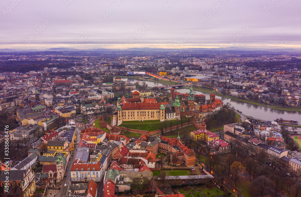 Krakow old city aerial evening time