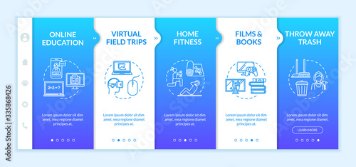 Home activity onboarding vector template. Entertainments, fitness, virtual trips and online education. Responsive mobile website with icons. Webpage walkthrough step screens. RGB color concept