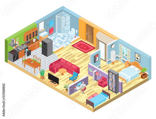 Isometric apartment layout, room interior in modern house, indoor plan view, vector illustration. Cozy home furniture layout planning, living room, bedroom and kitchen in isometric cartoon style