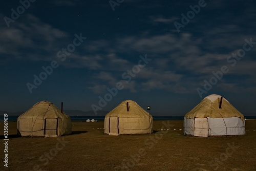 Kyrgyzstan. Moonlit camping on the shore of the high-altitude lake Son-Kul along the Eastern section of the Pamir highway.