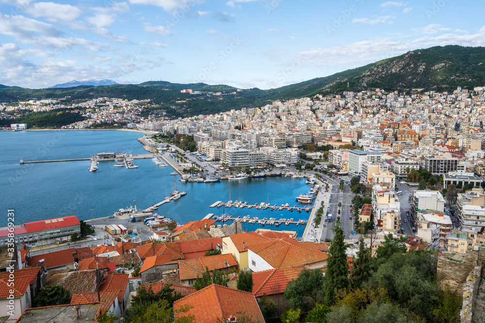 Aerial panoramic view with the city of Kavala in northern Greece with marina and seafront promenade