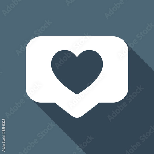 Like icon, heart in notification cloud, social symbol. White fla