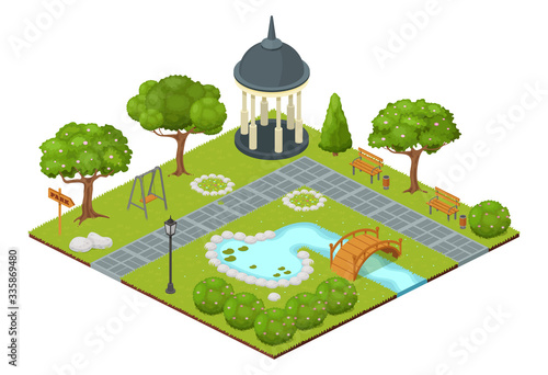 Isometric park vector illustration. Cartoon 3d city nature map landscape isolated on white, green garden tree and grass, outdoor fountain pool with small bridge, park gazebo and benches along path