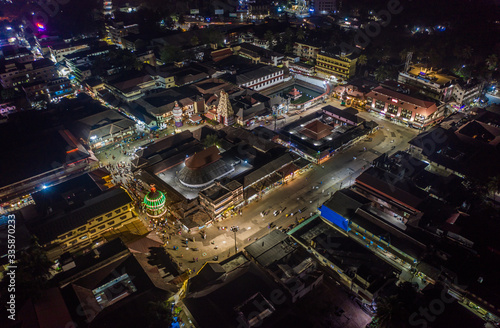 Udupi temple at night, India, aerial drone view