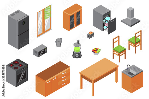 Kitchen furniture, vector illustration. Isometric constructor of household appliances and kitchen equipment isolated on white. Interior 3d design planner with fridge, stove, dishwasher and table.
