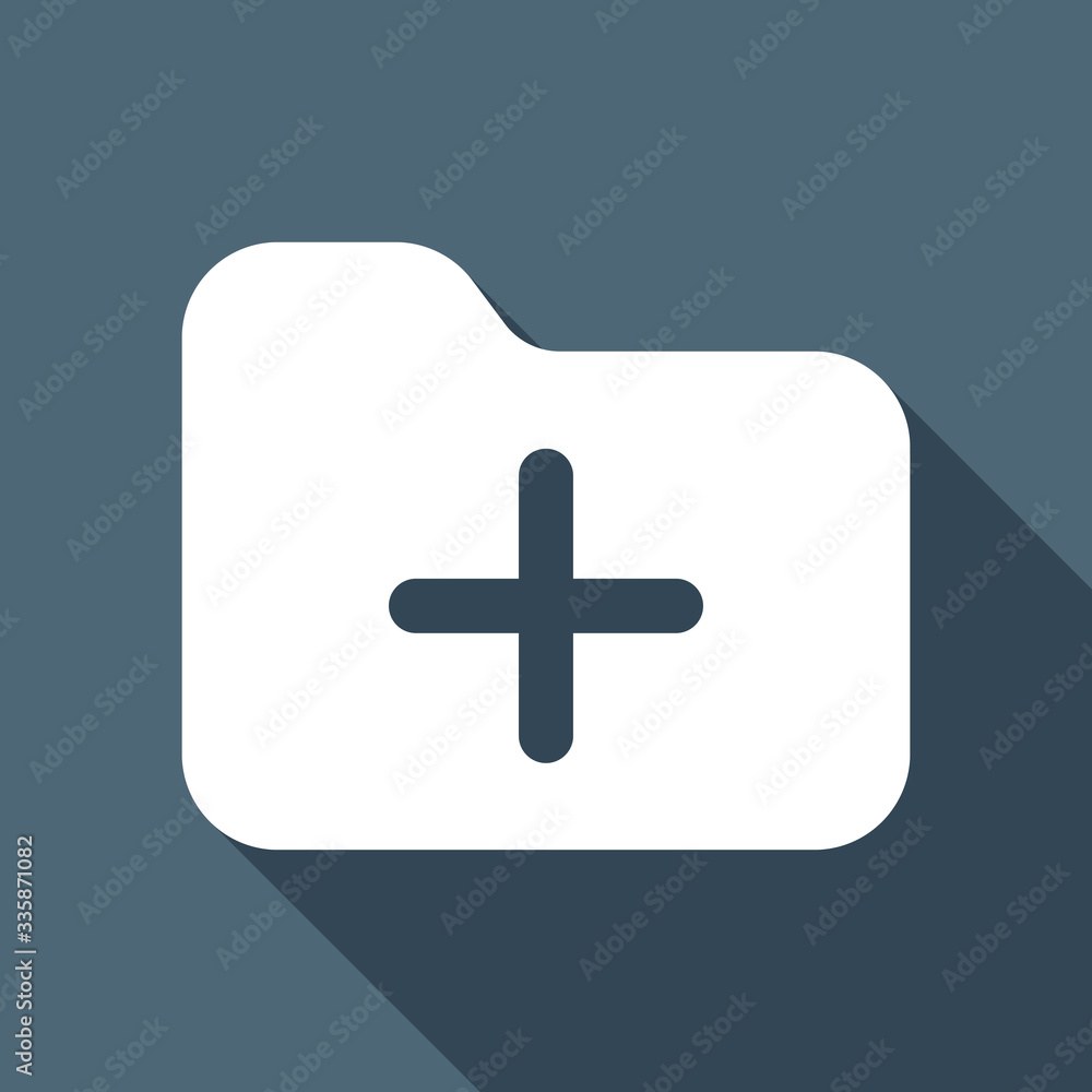 Fototapeta premium Folder with plus mark, business icon. White flat icon with long