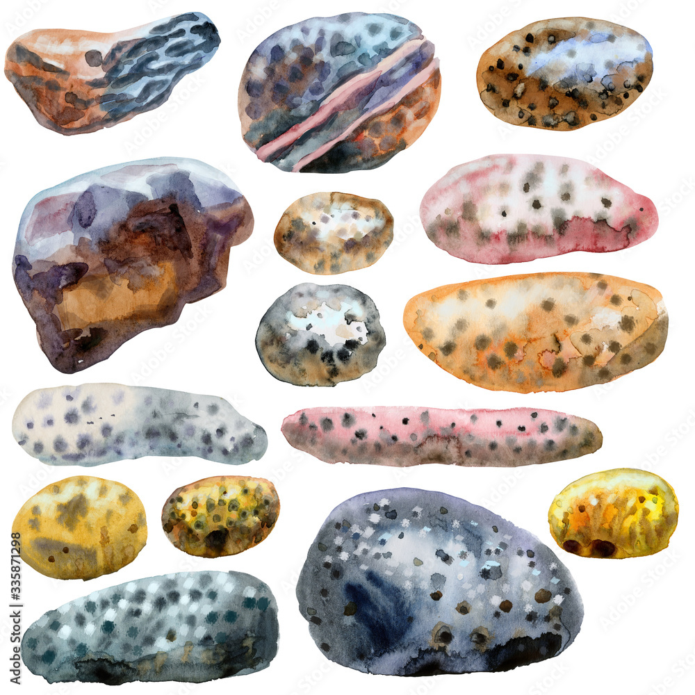 Set of watercolour painting fifteen flat pebbles Set of watercolour painting fifteen flat pebbles