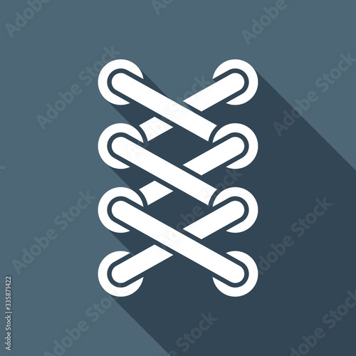Shoelace of sneaker, simple icon. White flat icon with long shad