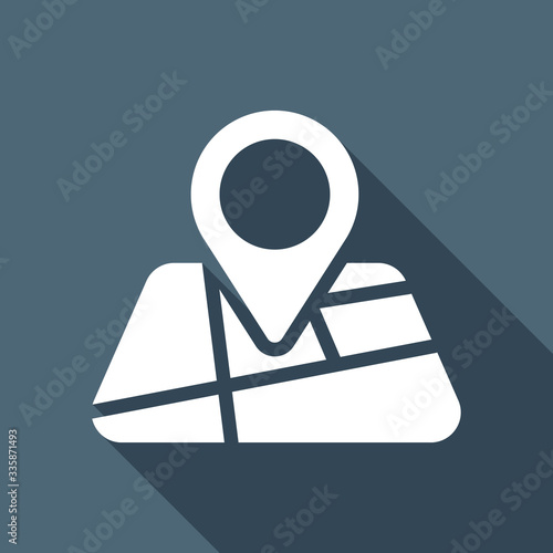 Map with pin, geo locate, pointer icon. White flat icon with lon