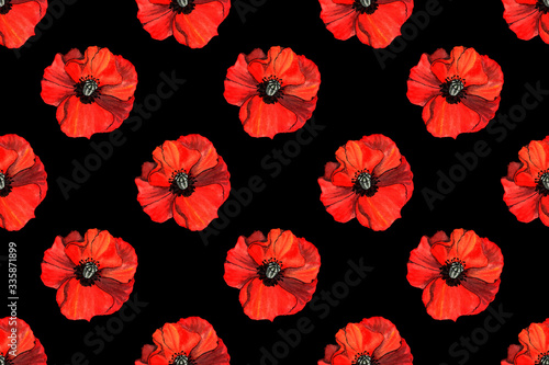 seamless pattern of red poppy flowers on a black background