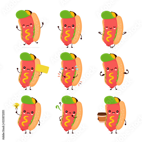 Cute happy smiling hot dog set collection
