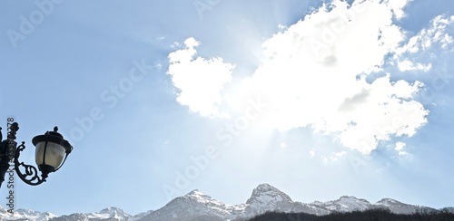 city landscape on a background of mountains in spring