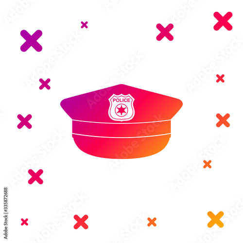 Color Police cap with cockade icon isolated on white background. Police hat sign. Gradient random dynamic shapes. Vector Illustration