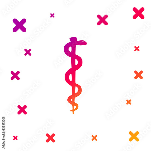 Color Rod of asclepius snake coiled up silhouette icon isolated on white background. Emblem for drugstore or medicine, pharmacy snake symbol. Gradient random dynamic shapes. Vector Illustration