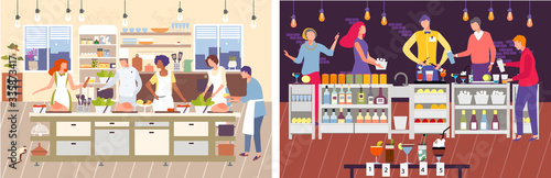 Cooking master class vector illustration. Cartoon man woman characters cook food with master chef in restaurant kitchen, people bartenders preparing cocktails in bar. Flat workshop landing page set